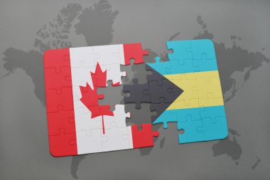 bir dünya haritası arka plan üzerinde kanada ve bahamalar ulusal bayrağı ile bulmaca.