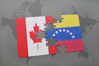 bir dünya haritası arka plan üzerinde Kanada ve Venezuela ulusal bayrağı ile bulmaca.