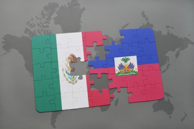 bir dünya haritası arka plan üzerinde Meksika ve Haiti ulusal bayrağı ile bulmaca.