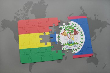 bolivya ulusal bayrağı ile bulmaca ve bir dünya haritası arka plan üzerinde belize.