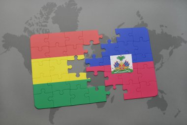 bir dünya haritası arka plan üzerinde bolivya ve haiti ulusal bayrağı ile bulmaca.