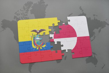 bir dünya haritası arka plan üzerinde ekvador ve grönland ulusal bayrağı ile bulmaca.