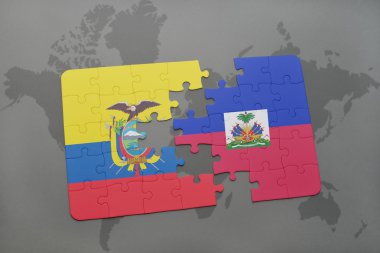 bir dünya haritası arka plan üzerinde ekvador ve haiti ulusal bayrağı ile bulmaca.