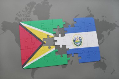 bir dünya haritası arka plan üzerinde guyana ve el salvador ulusal bayrağı ile bulmaca.