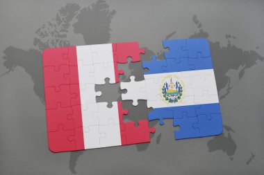 bir dünya haritası arka plan üzerinde peru ve el salvador ulusal bayrağı ile bulmaca.