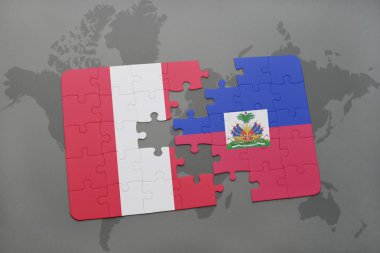 bir dünya haritası arka plan üzerinde peru ve Haiti ulusal bayrağı ile bulmaca.