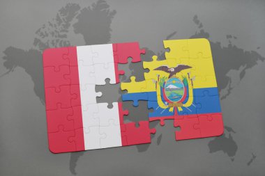 bir dünya haritası arka plan üzerinde peru ve ekvador ulusal bayrağı ile bulmaca.