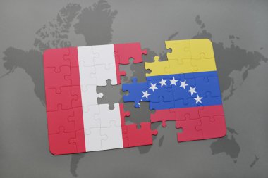 bir dünya haritası arka plan üzerinde peru ve Venezuela ulusal bayrağı ile bulmaca.