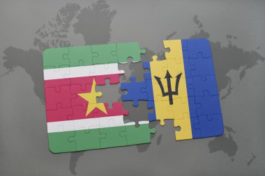 bir dünya haritası arka plan üzerinde surinam ve barbados ulusal bayrağı ile bulmaca.