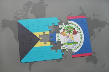 bahamalar ulusal bayrağı ile bulmaca ve bir dünya haritası arka plan üzerinde belize.