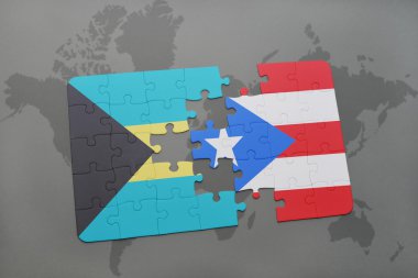 bir dünya haritası arka plan üzerinde bahamalar ve porto riko ulusal bayrağı ile bulmaca.