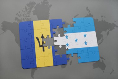 bir dünya haritası arka plan üzerinde barbados ve honduras ulusal bayrağı ile bulmaca.