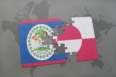 bir dünya haritası arka plan üzerinde belize ve grönland ulusal bayrağı ile bulmaca.