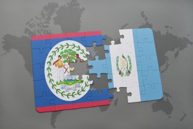 bir dünya haritası arka plan üzerinde belize ve guatemala ulusal bayrağı ile bulmaca.