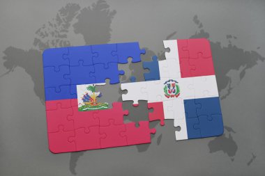 haiti ve Dominik Cumhuriyeti ulusal bayrak dünya harita arka plan üzerinde ile bulmaca.