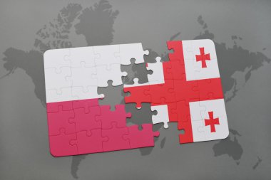 bir dünya haritası arka plan üzerinde polonya ve gürcistan ulusal bayrağı ile bulmaca.