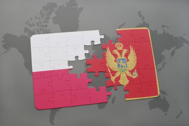 bir dünya haritası arka plan üzerinde polonya ve karadağ ulusal bayrağı ile bulmaca.