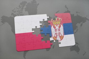 bir dünya haritası arka plan üzerinde polonya ve sırbistan ulusal bayrağı ile bulmaca.