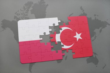 bir dünya haritası arka plan üzerinde polonya ve türkiye ulusal bayrağı ile bulmaca.