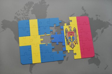bir dünya haritası arka plan üzerinde İsveç ve Moldova ulusal bayrağı ile bulmaca.