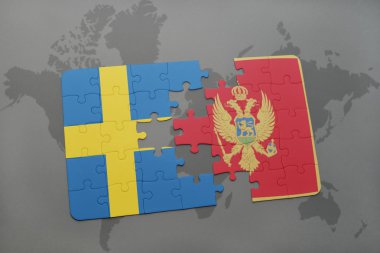 bir dünya haritası arka plan üzerinde İsveç ve Karadağ ulusal bayrağı ile bulmaca.