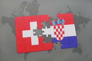 bir dünya haritası arka plan üzerinde İsviçre ve Hırvatistan ulusal bayrağı ile bulmaca.