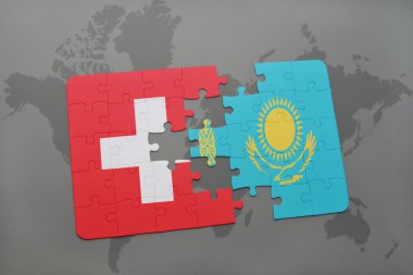 bir dünya haritası arka plan üzerinde İsviçre ve Kazakistan ulusal bayrağı ile bulmaca.