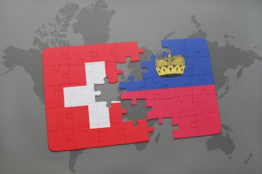 bir dünya haritası arka plan üzerinde İsviçre ve lihtenştayn ulusal bayrağı ile bulmaca.