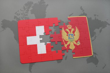 bir dünya haritası arka plan üzerinde İsviçre ve Karadağ ulusal bayrağı ile bulmaca.