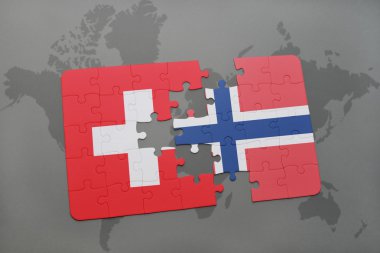 bir dünya haritası arka plan üzerinde İsviçre ve Norveç ulusal bayrağı ile bulmaca.