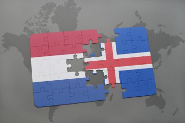bir dünya haritası arka plan üzerinde Hollanda ve İzlanda ulusal bayrağı ile bulmaca.