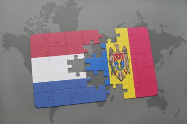 bir dünya haritası arka plan üzerinde Hollanda ve Moldova ulusal bayrağı ile bulmaca.