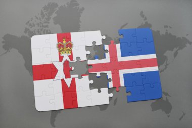bir dünya haritası arka plan üzerinde kuzey İrlanda ve İzlanda ulusal bayrağı ile bulmaca.