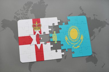 bir dünya haritası arka plan üzerinde kuzey İrlanda ve Kazakistan ulusal bayrağı ile bulmaca.