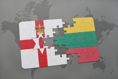 bir dünya haritası arka plan üzerinde kuzey İrlanda ve Litvanya ulusal bayrağı ile bulmaca.
