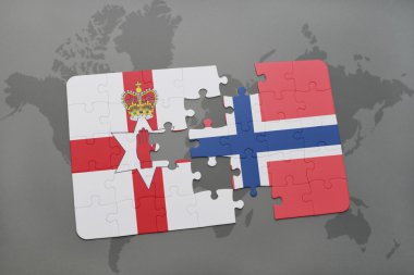bir dünya haritası arka plan üzerinde kuzey İrlanda ve Norveç ulusal bayrağı ile bulmaca.