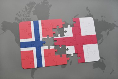 bir dünya haritası arka plan üzerinde Norveç ve İngiltere ulusal bayrağı ile bulmaca.
