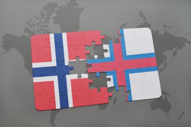 bir dünya haritası arka plan üzerinde Norveç ve faroe adaların ulusal bayrağı ile bulmaca.