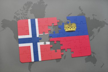 bir dünya haritası arka plan üzerinde norveç ve lihtenştayn ulusal bayrağı ile bulmaca.