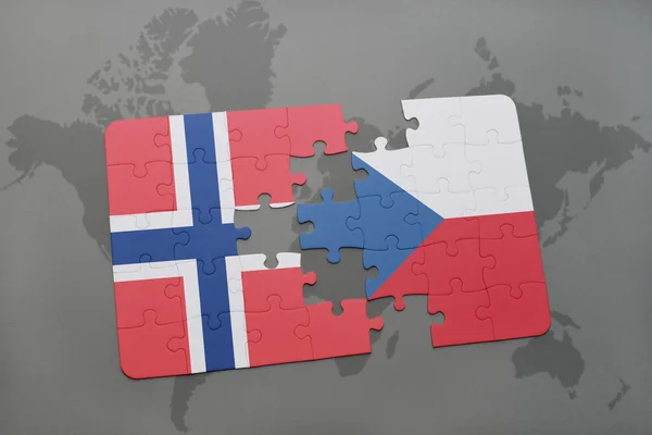 Puzzle with the national flag of norway and czech republic on a world map background. — Stock Photo, Image