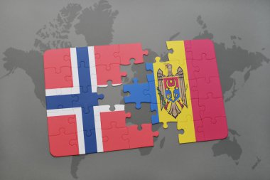 bir dünya haritası arka plan üzerinde norveç ve moldova ulusal bayrağı ile bulmaca.