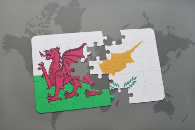 bir dünya haritası arka plan üzerinde galler ve Kıbrıs ulusal bayrağı ile bulmaca.