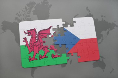 bir dünya haritası arka plan üzerinde galler ve Çek Cumhuriyeti ulusal bayrağı ile bulmaca.