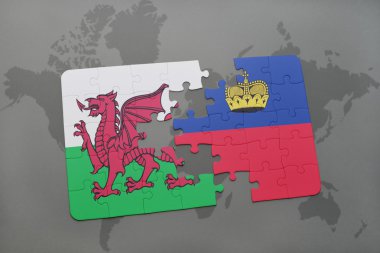 Galler ve liechtenstein ulusal bayrak dünya harita arka plan üzerinde ile bulmaca.