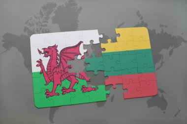 Dünya harita arka plan üzerinde Galler ve Litvanya Ulusal bayrakla bulmaca.