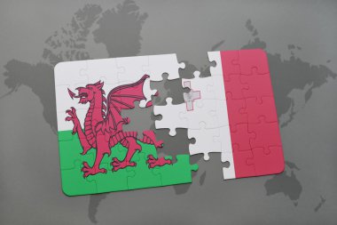 Galler ve malta dünya harita arka plan üzerinde bayrağı ile bulmaca.