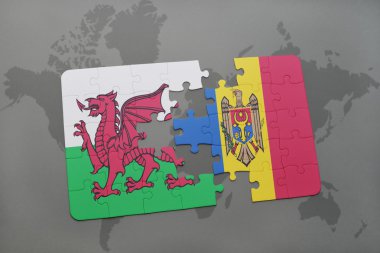Galler ve dünya harita arka plan üzerinde moldova bayrağı ile bulmaca.