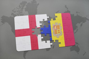 bir dünya haritası arka plan üzerinde İngiltere ve andorra ulusal bayrağı ile bulmaca.