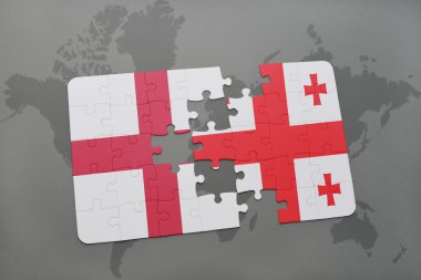 bir dünya haritası arka plan üzerinde İngiltere ve Gürcistan ulusal bayrağı ile bulmaca.