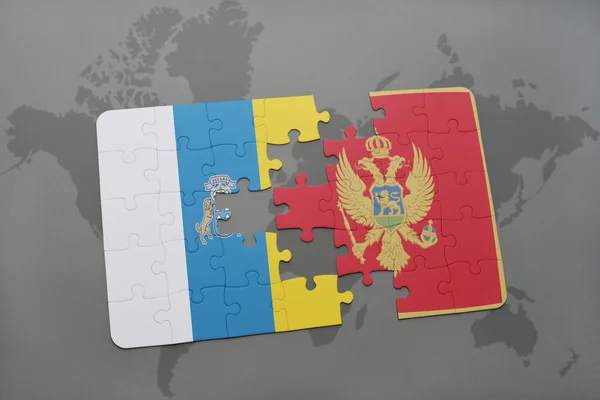 Puzzel met de nationale vlag van de Canarische eilanden en Montenegro op een wereld kaart achtergrond. — Stockfoto